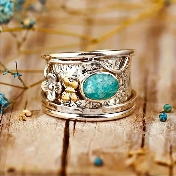 Vintage Boho Silver Plated Natural Bee Flower Inlaid Turquoise Wide Face Ring - Picture 7 of 9